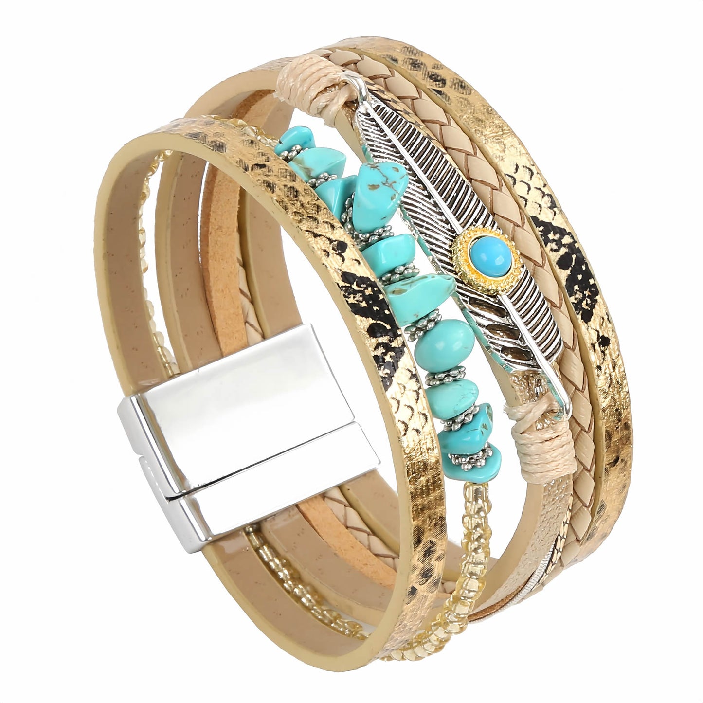 Boho Leather and Turquoise Feather Bracelet