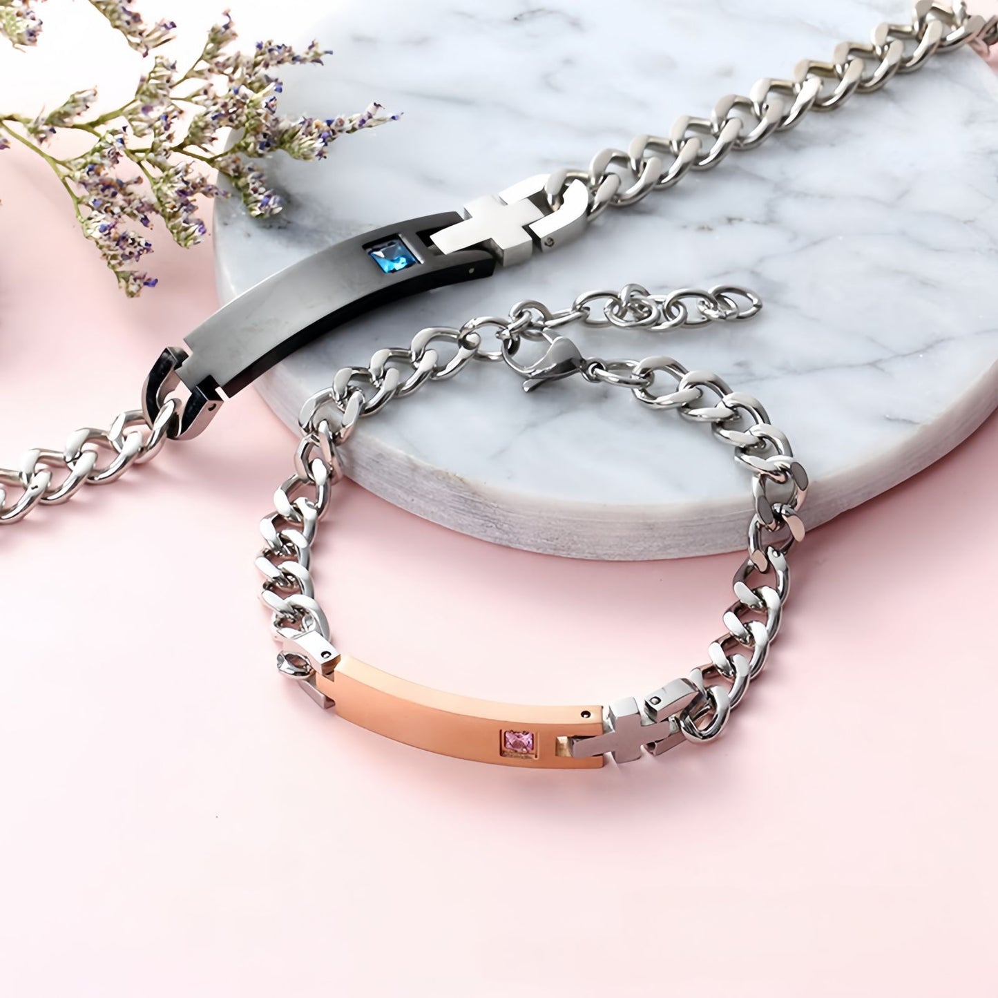 Cross Bar Cuban Chain Couple Bracelet Set