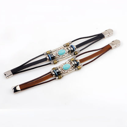 Turquoise Stone Accent Men's Leather Bracelet