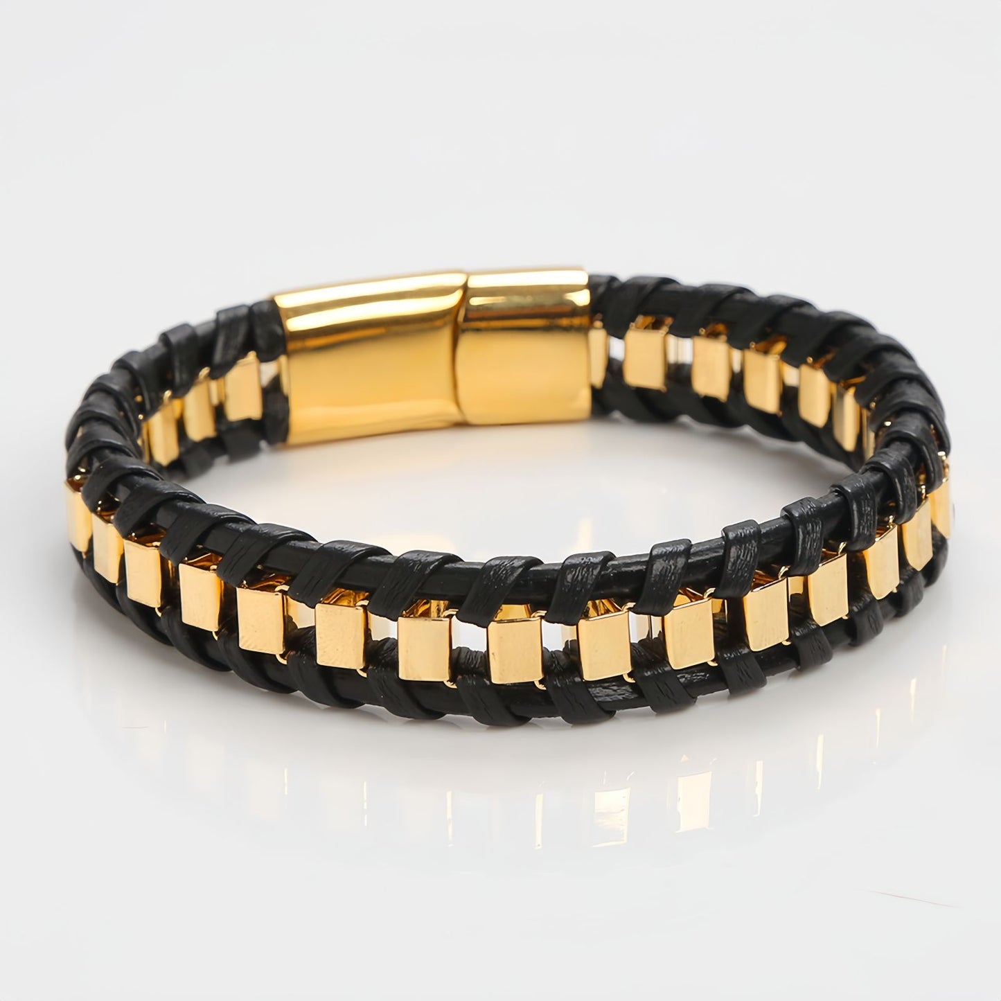 Cubic Metal Link Leather Bracelet