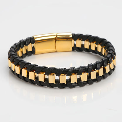 Cubic Metal Link Leather Bracelet