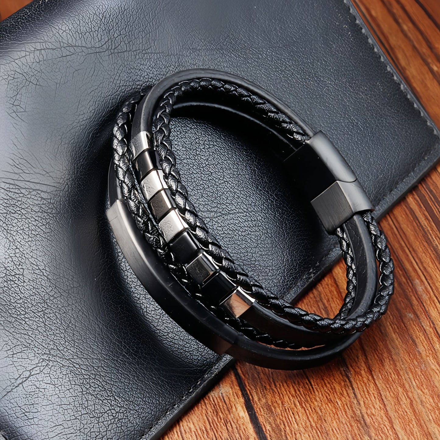 Black & White Cube Accents on Men’s Black Multi-Strand Leather Bracelet