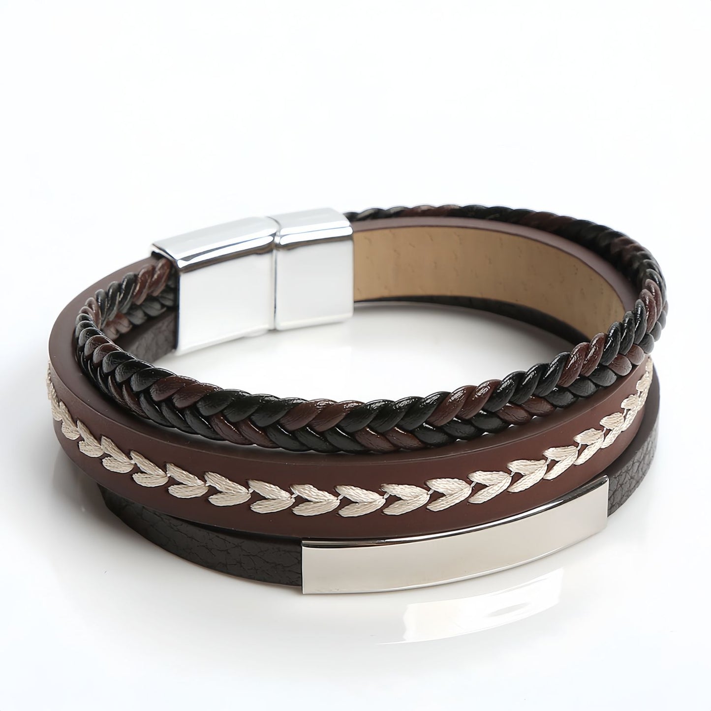 Leaf Stitch Multi-Layer Braided Leather Bracelet
