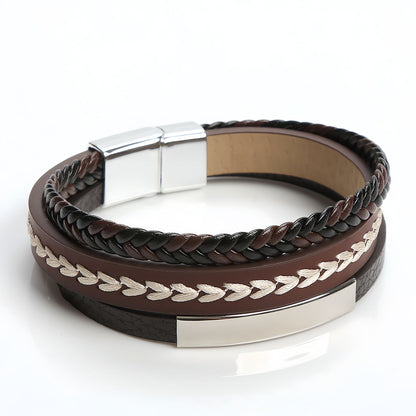 Leaf Stitch Multi-Layer Braided Leather Bracelet