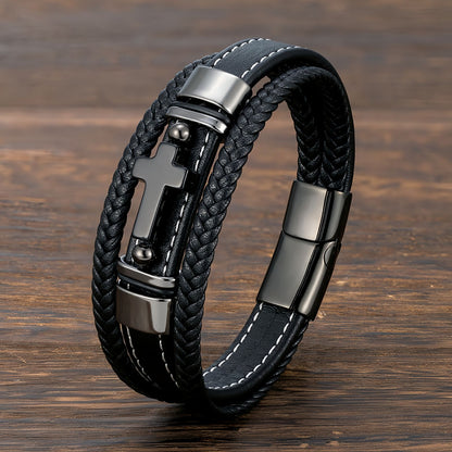 Men’s Black Onyx Cross Leather Bracelet