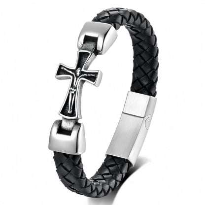 Men's Engraved Cross Leather Bracelet