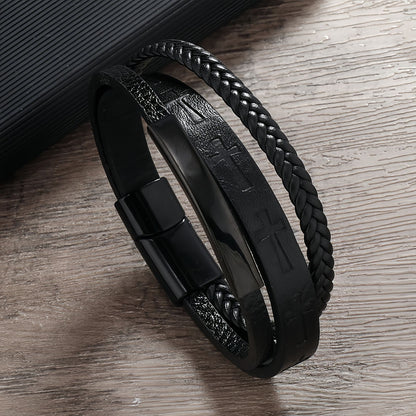 Cross Pattern Multi-Layer Men’s Leather Bracelet