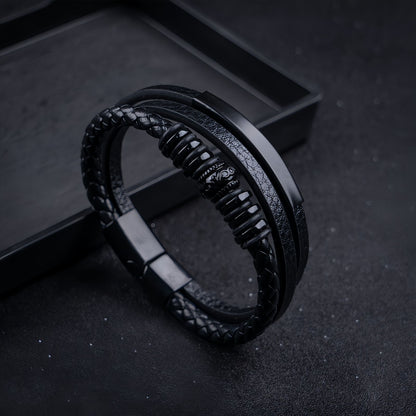 Decorative Metal Ring Men’s Leather Bracelet