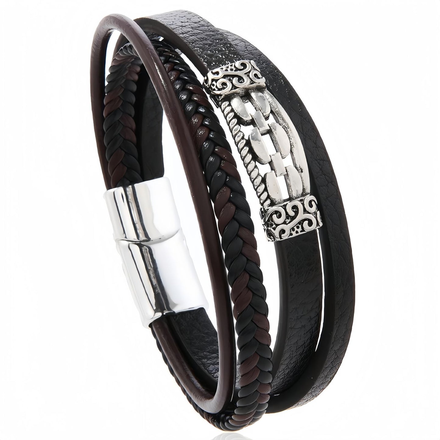Vintage Engraved Steel Accent Multi-Layer Leather Bracelet
