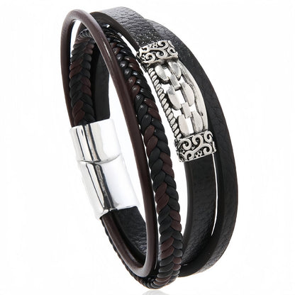 Vintage Engraved Steel Accent Multi-Layer Leather Bracelet