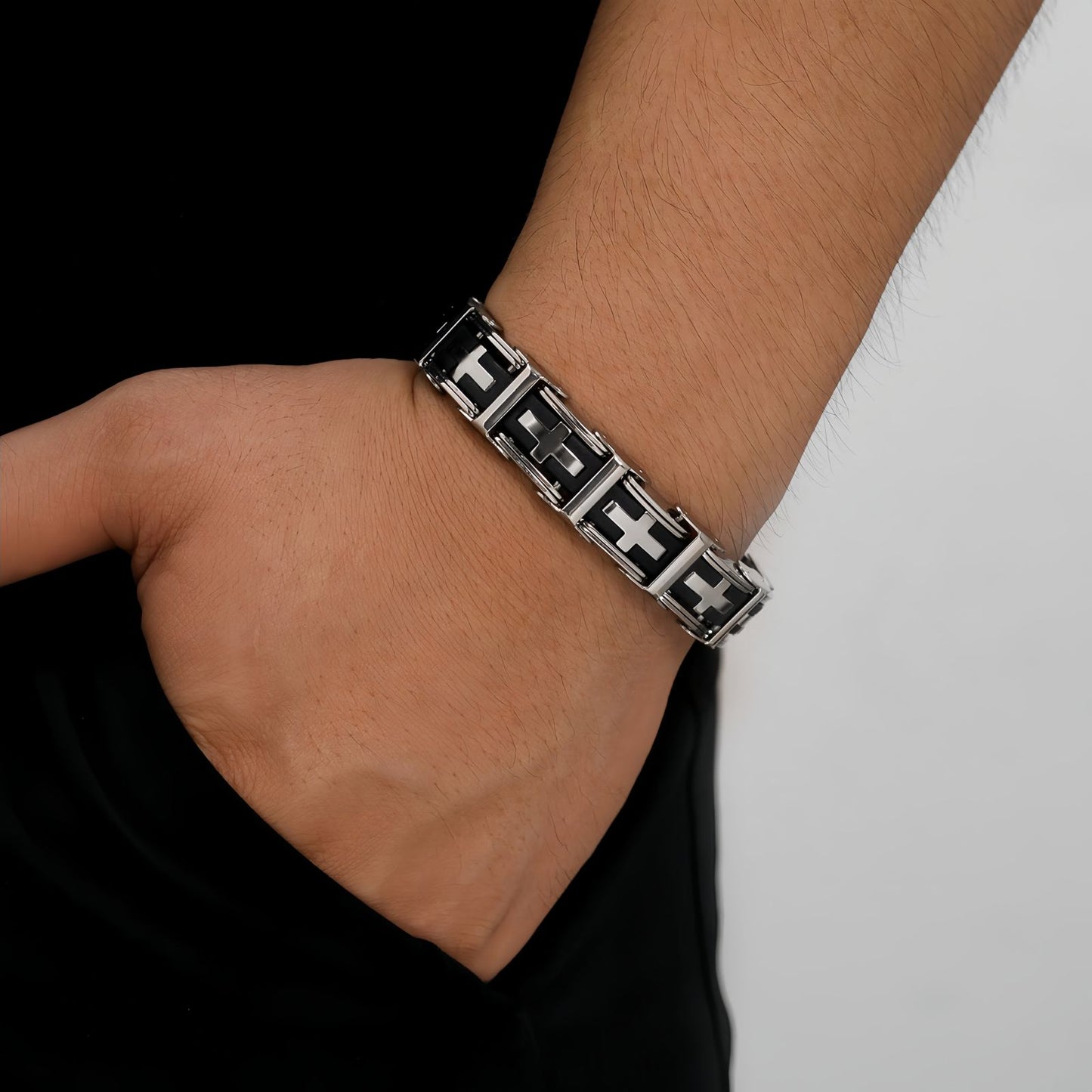Cross Inlay Stainless Steel Link Bracelet