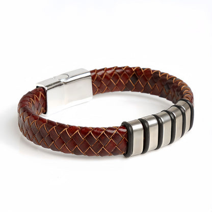 Men’s Braided Leather Bracelet with Layered Steel Bars