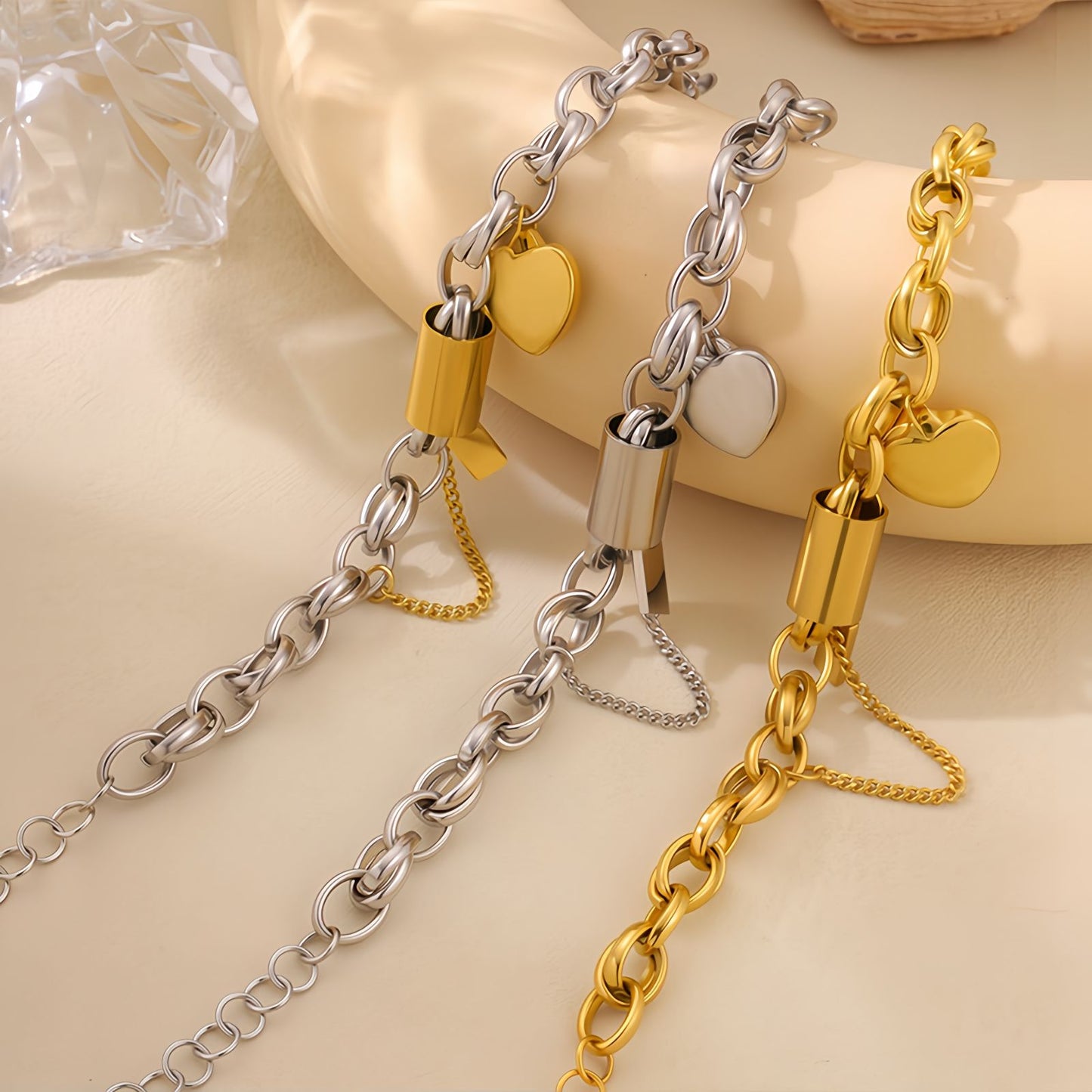 Heart Charm Oval Link Chain Stainless Steel Bracelet