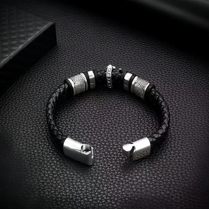 Punk-Inspired Cross Charm Men’s Double-Braided Leather Bracelet