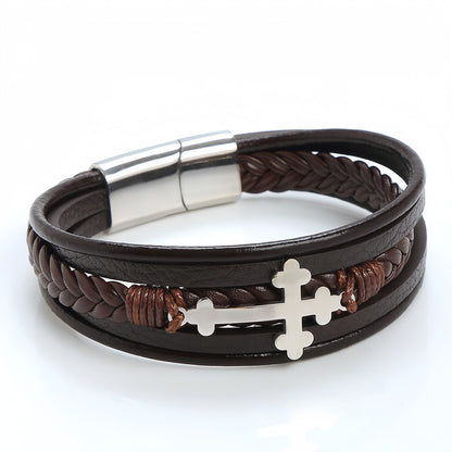 Men's Cross Braided Leather Bracelet