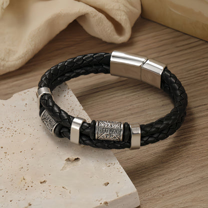 Vintage Sun-Engraved Dual-Braid Men's Leather Bracelet