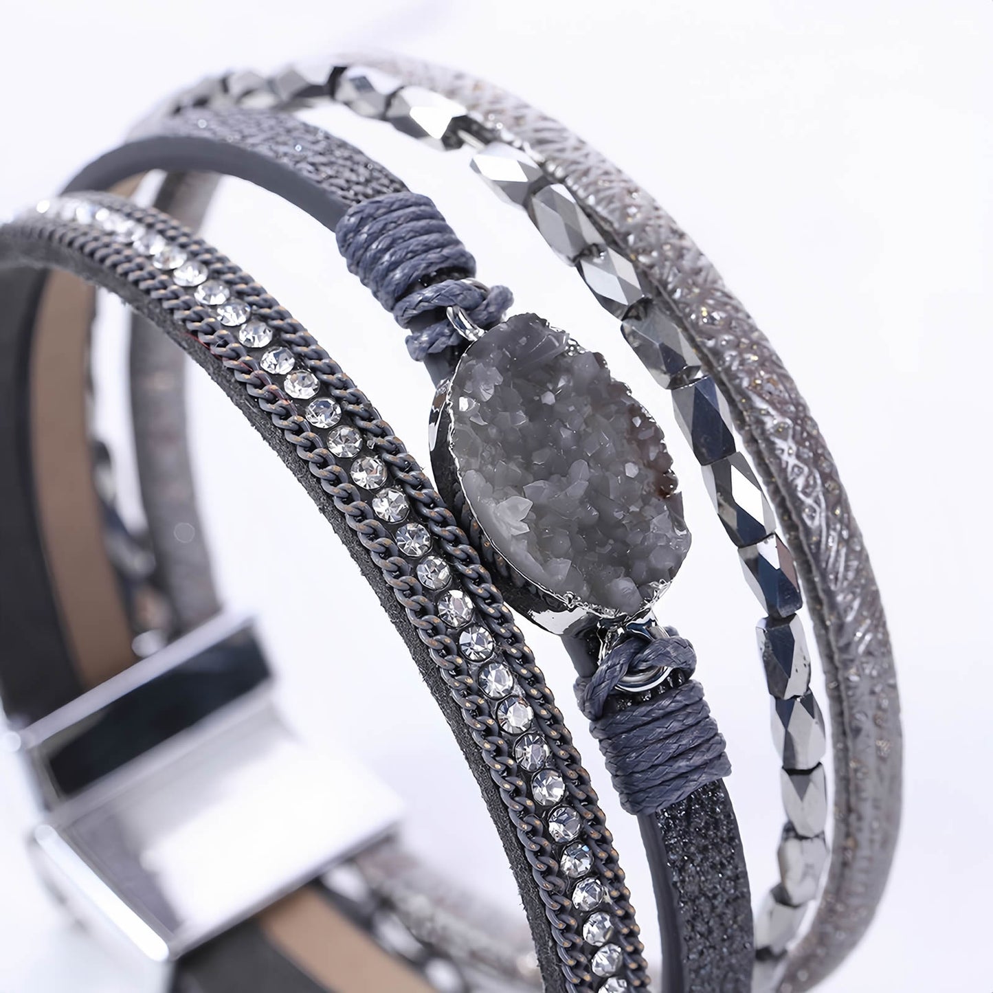 Boho Multilayer Leather Wrap Bracelet with Crystal