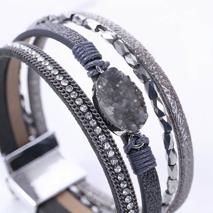 Boho Multilayer Leather Wrap Bracelet with Crystal