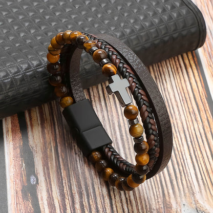 Men’s Cross Natural Stone Beads Leather Bracelet