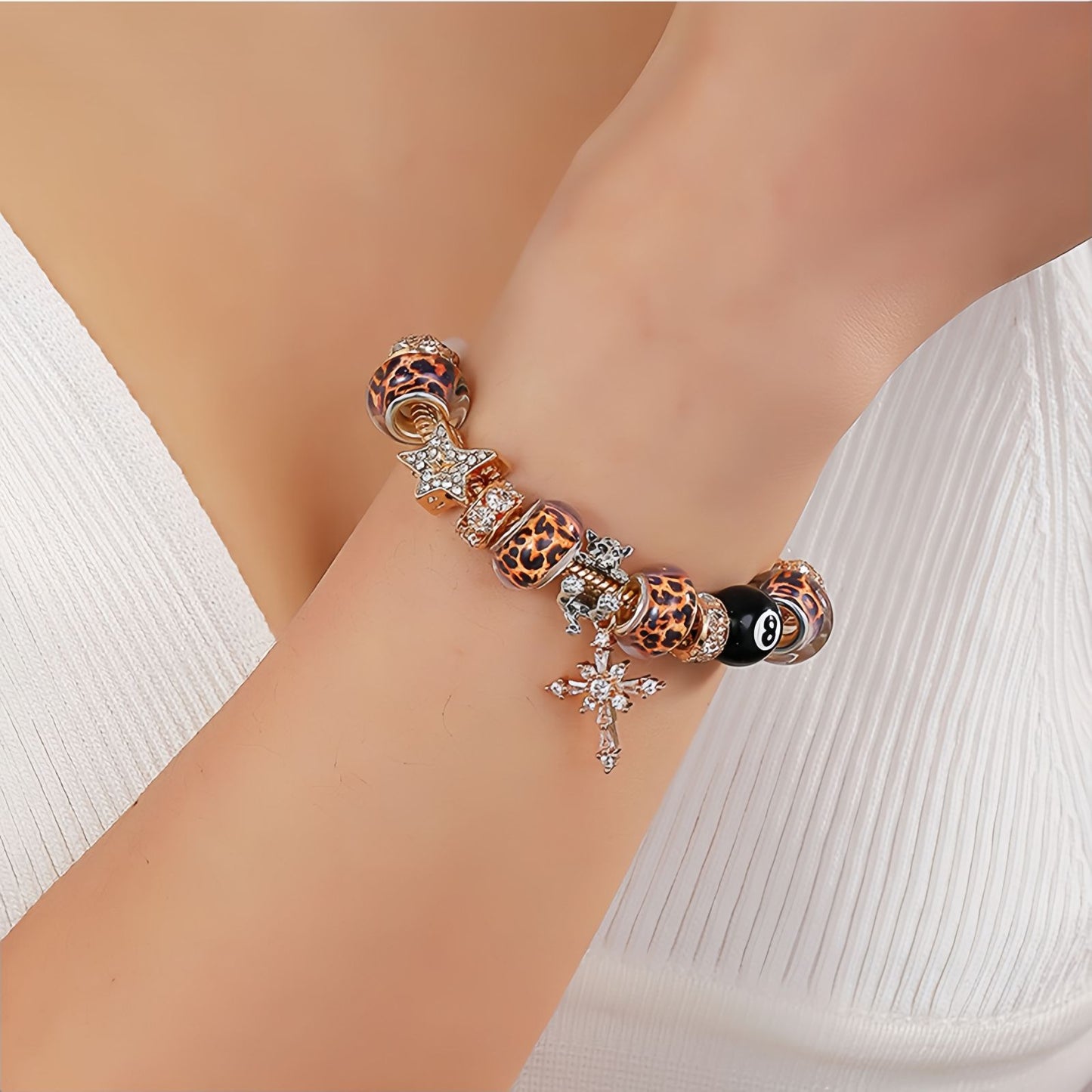 Leopard Bead Cross Charm Bracelet