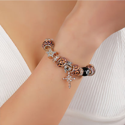 Leopard Bead Cross Charm Bracelet