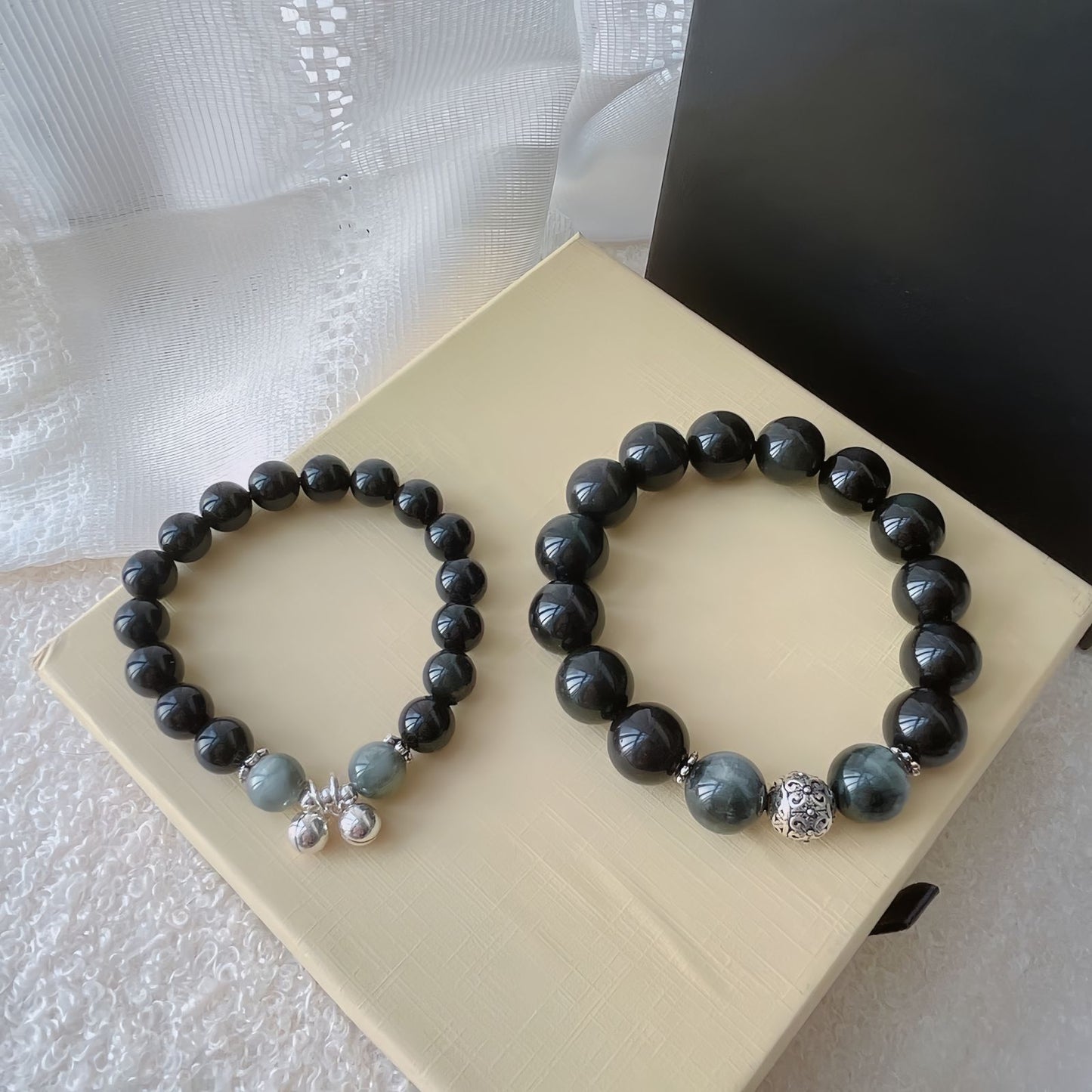 Obsidian Couple Bracelets with Bell Charms