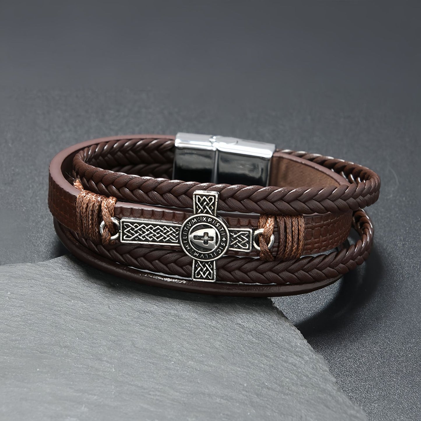 Men's Medallion Cross Braided Leather Bracelet