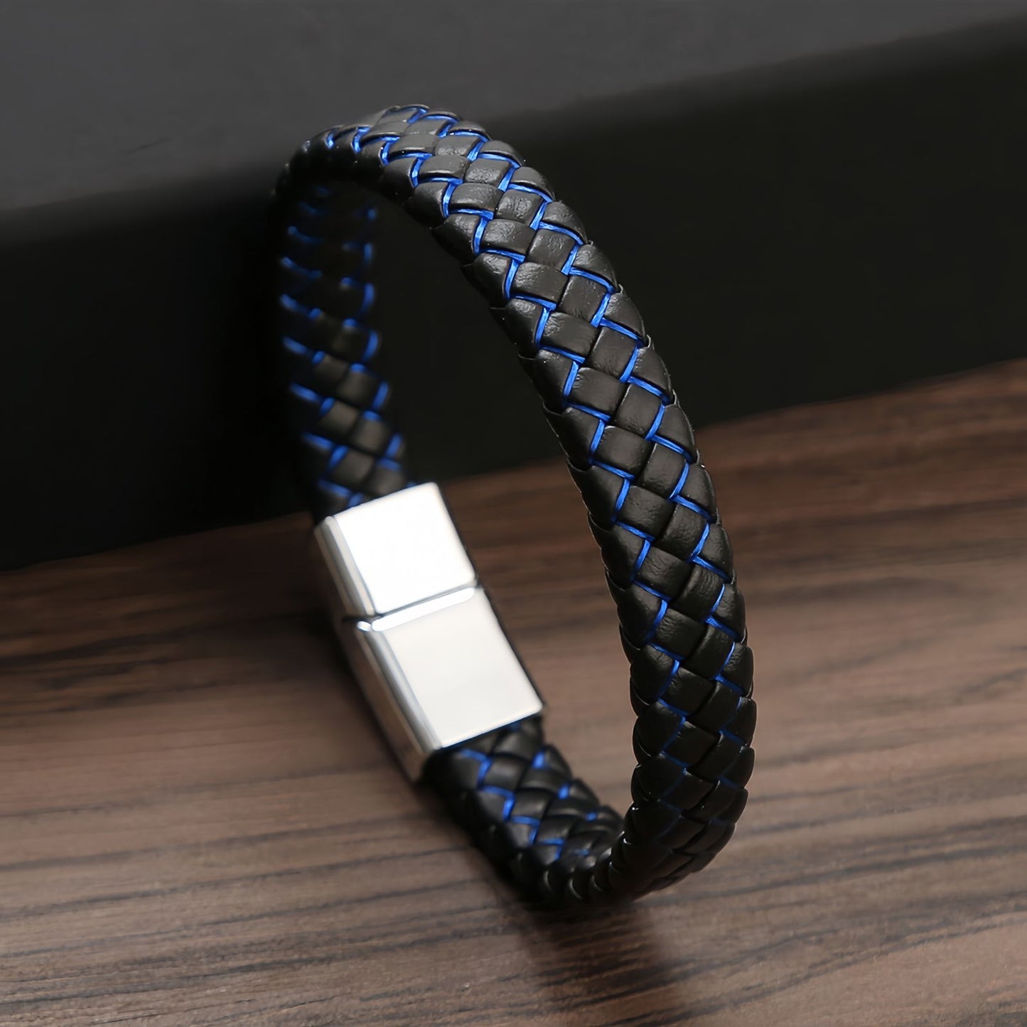 Men’s Wide Braided Leather Bracelet with Textured Metal Accents