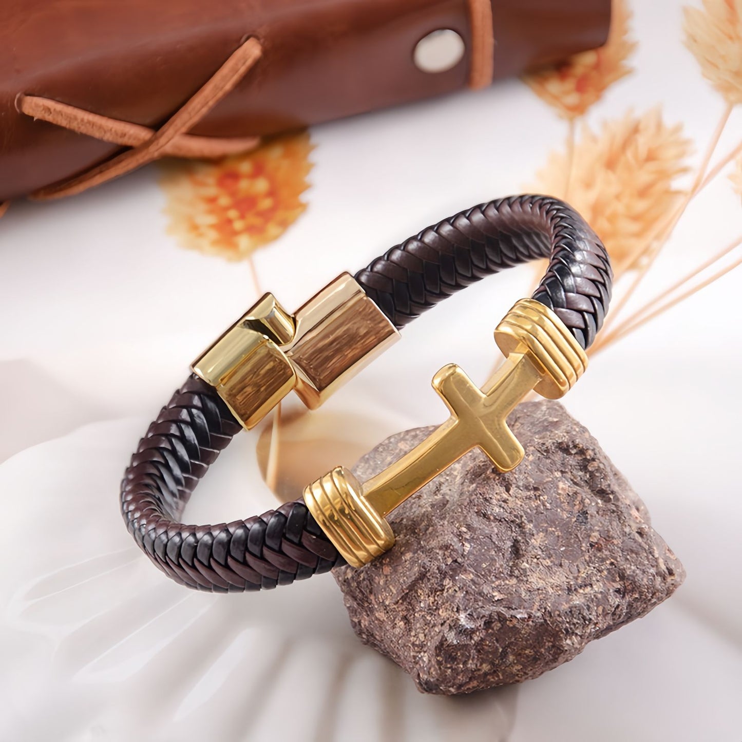 Men's Thick Braided Leather Cross Bracelet