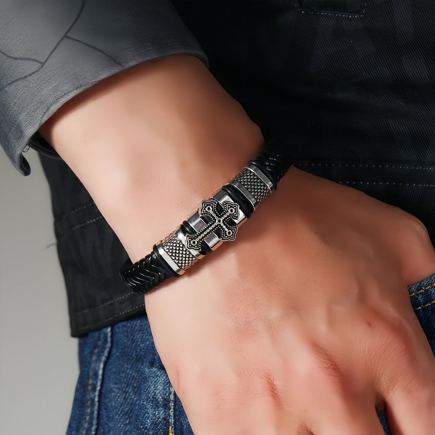 Cross Shield Braided Leather Men's Bracelet