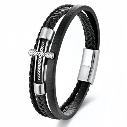 Men's Arrow Engraved Tube Cross Leather Bracelet