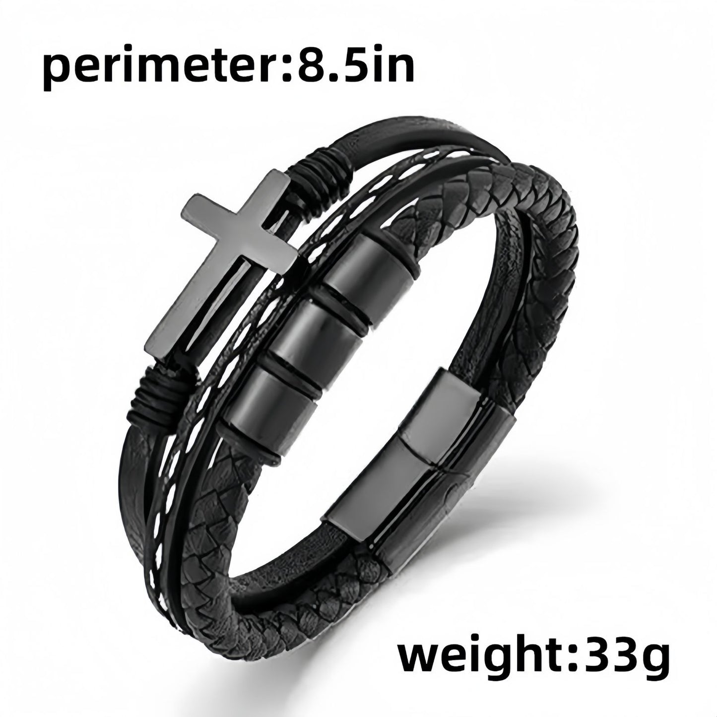 Men's Tube Bead Leather Bracelet with Cross