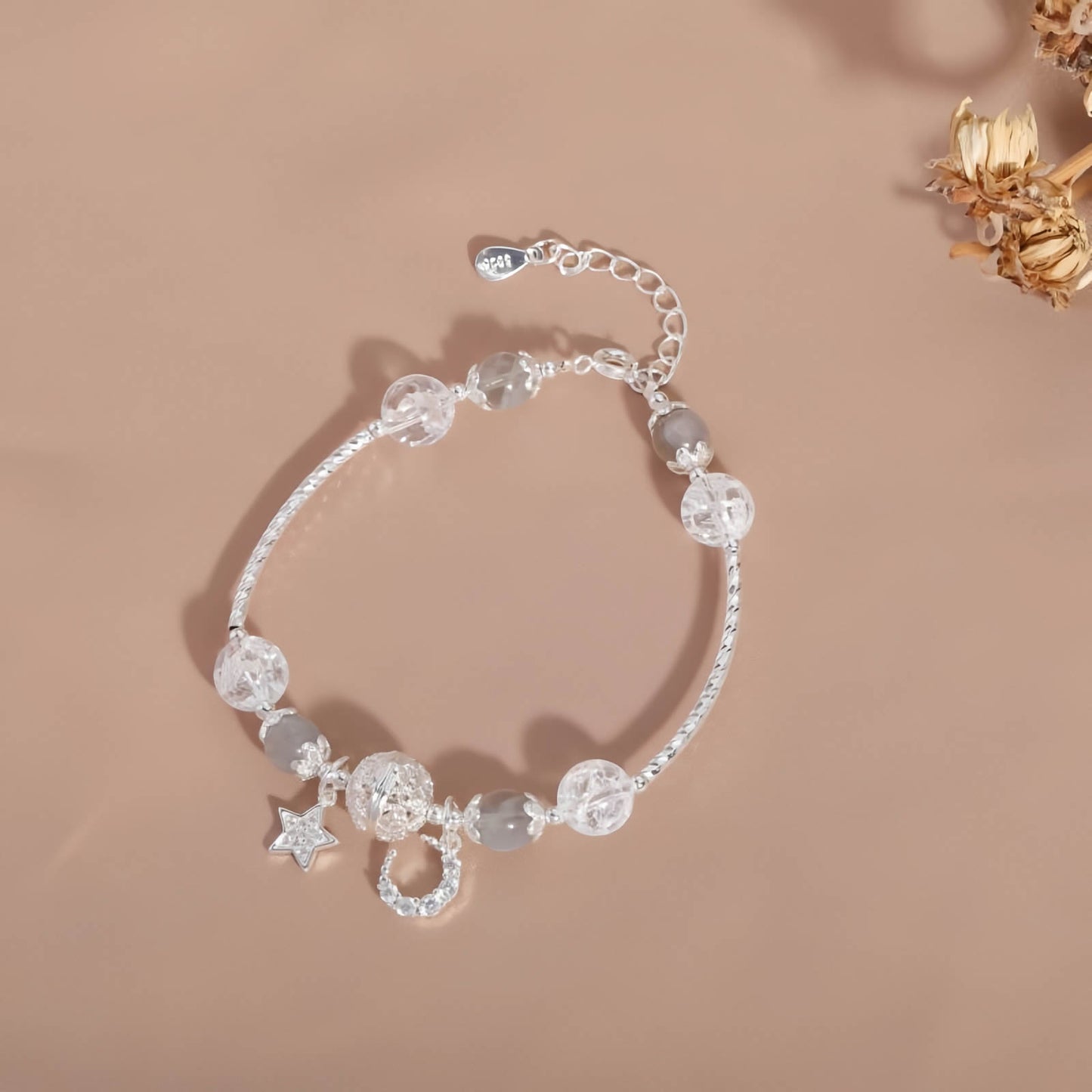 Moonstone Crystal Beaded Bracelet with Star & Moon Pendant