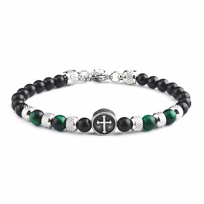 Tiger Eye Beaded Cross Bracelet, Stainless Steel Vintage Crystal Wristband for Men