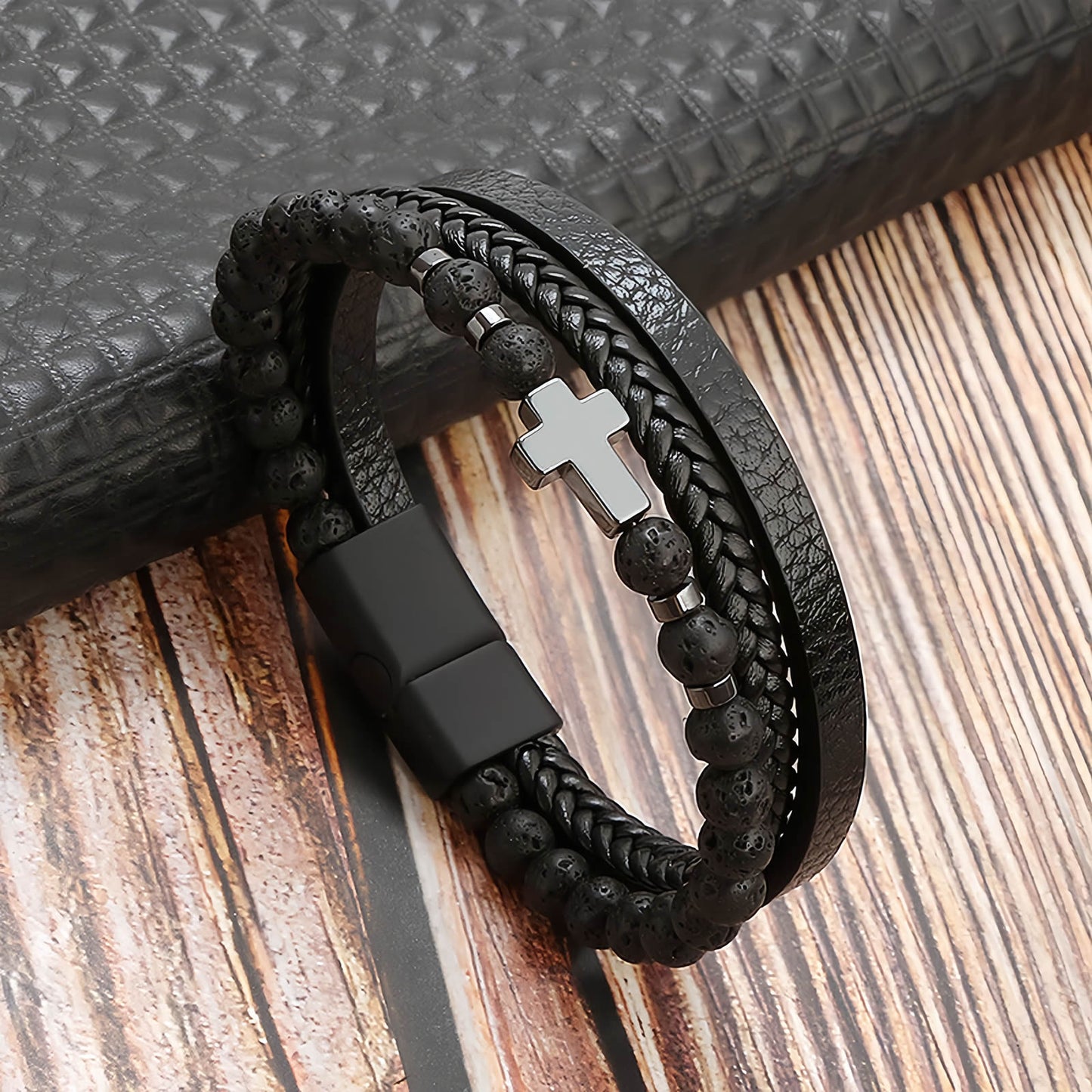 Men’s Cross Natural Stone Beads Leather Bracelet
