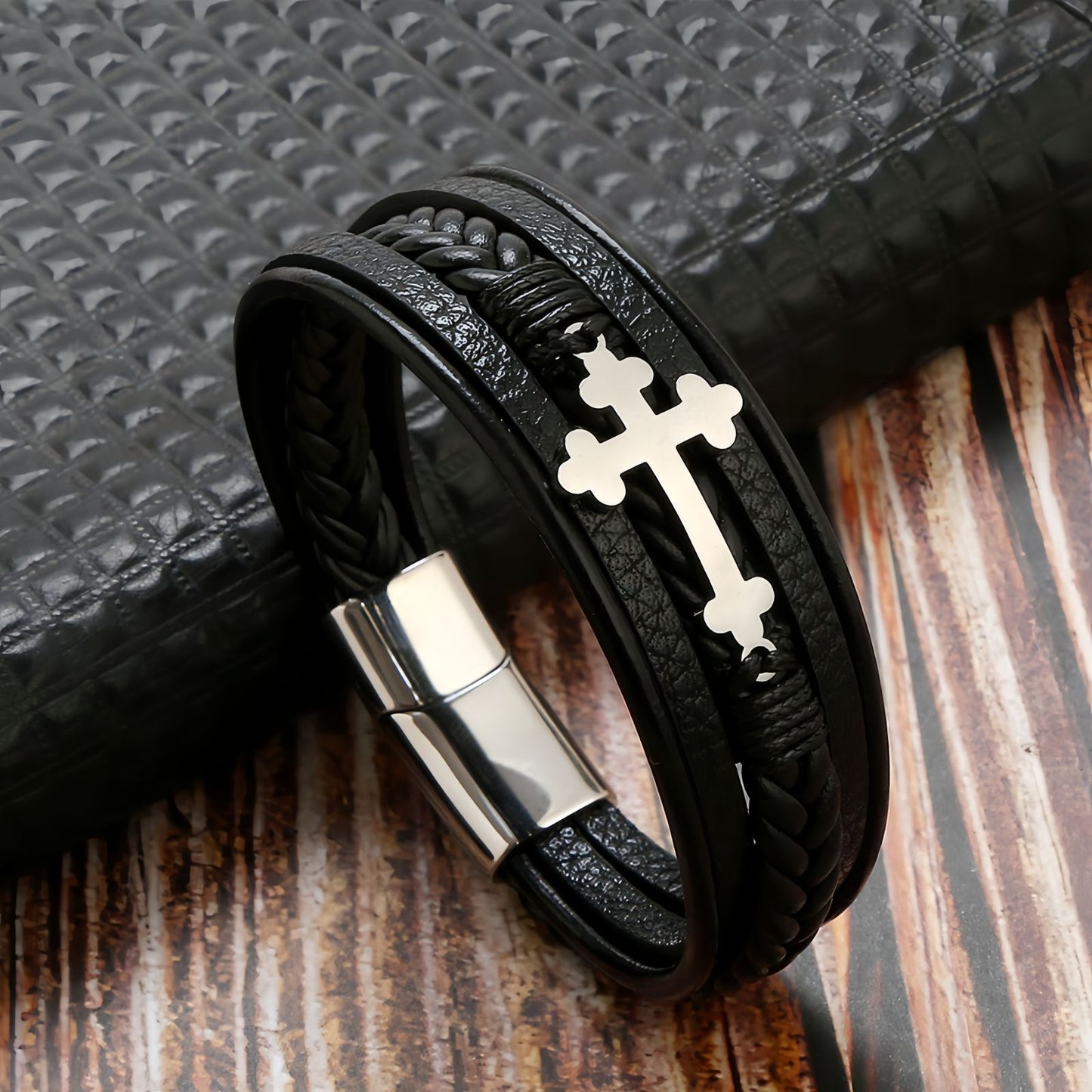 Men's Cross Braided Leather Bracelet