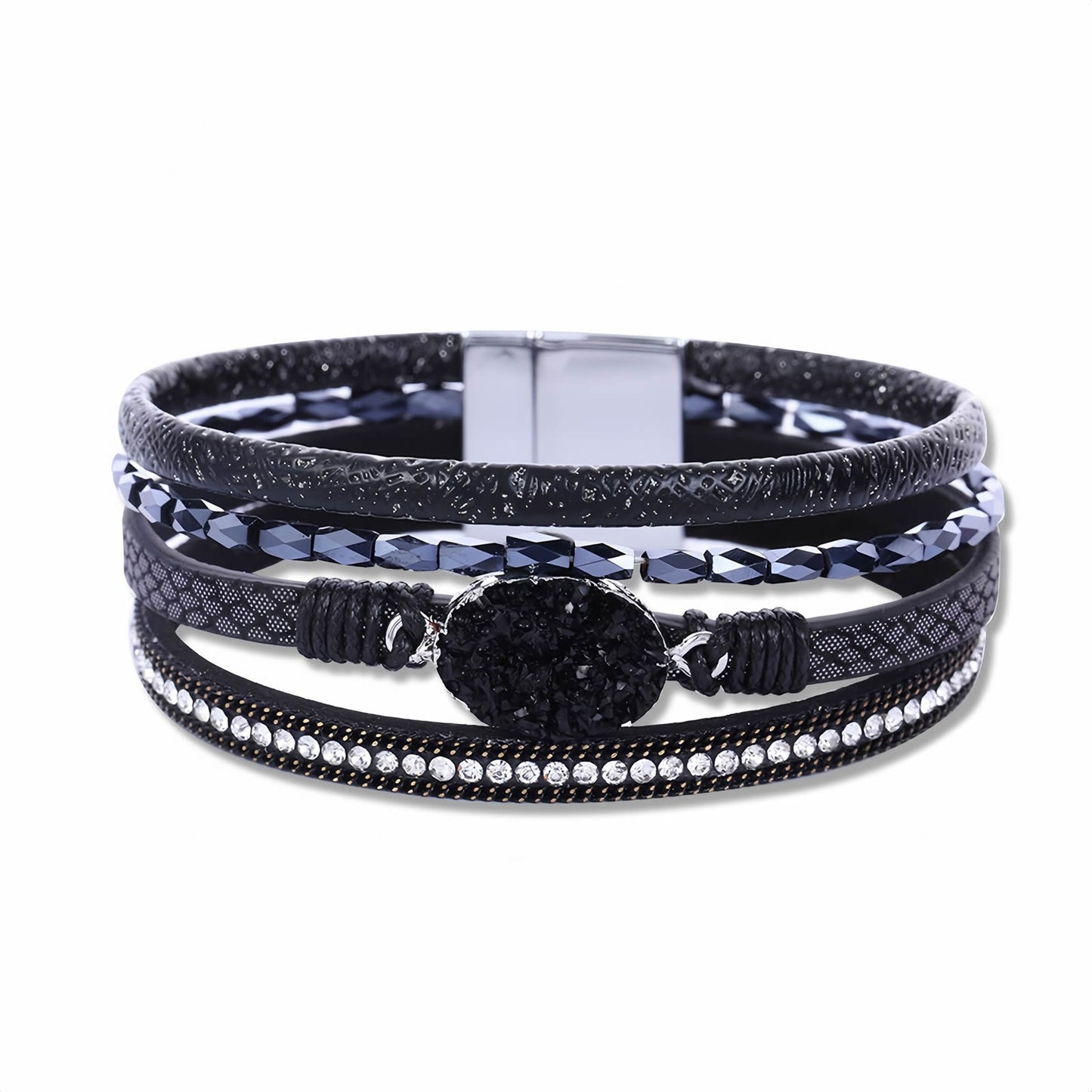 Boho Multilayer Leather Wrap Bracelet with Crystal