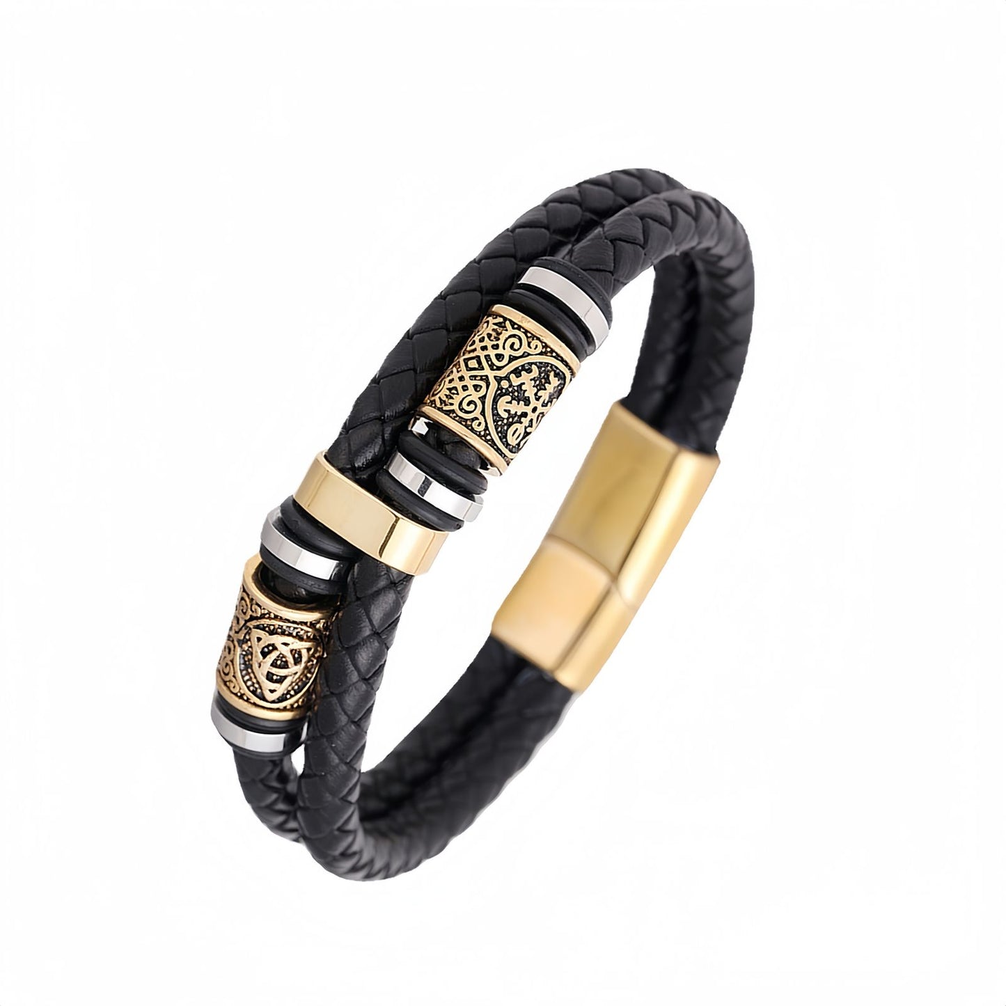 Bold Gold-Pattern Barrel Men’s Leather Bracelet