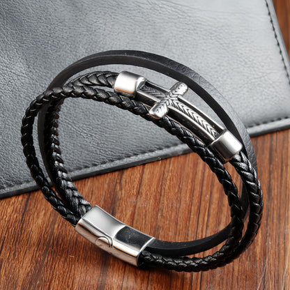 Men's Arrow Engraved Tube Cross Leather Bracelet