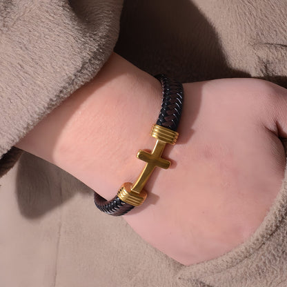 Men's Thick Braided Leather Cross Bracelet
