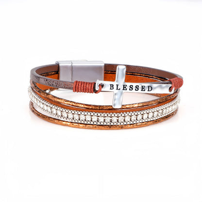 Boho Cross Blessed Layered Leather Bracelet