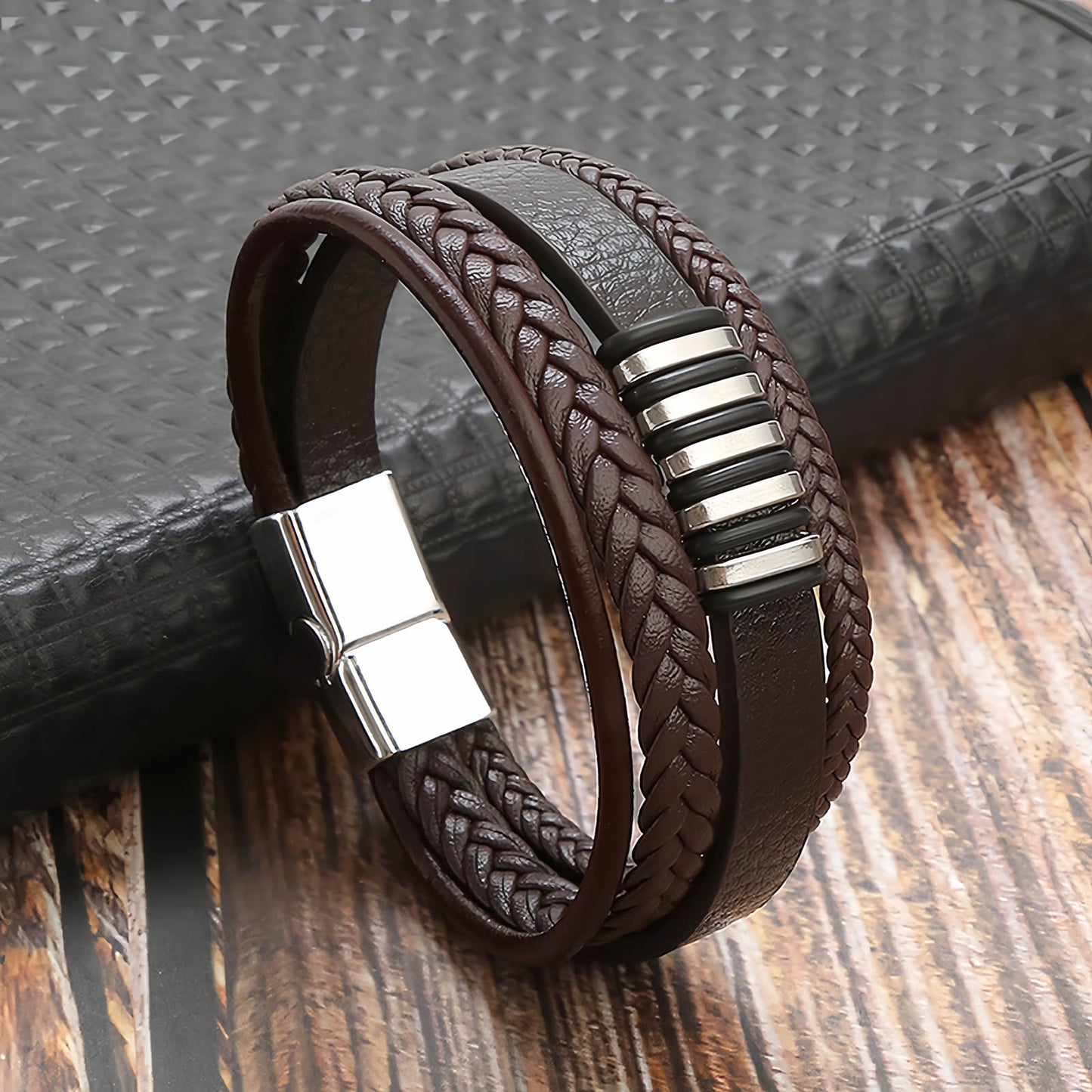 Striped Metal Accent Leather Bracelet for Men