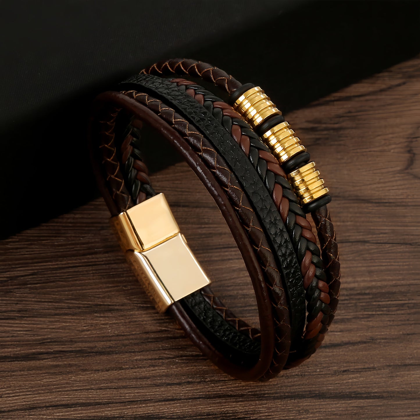 Layered Leather Bracelet with Metal Ring Accents for Men