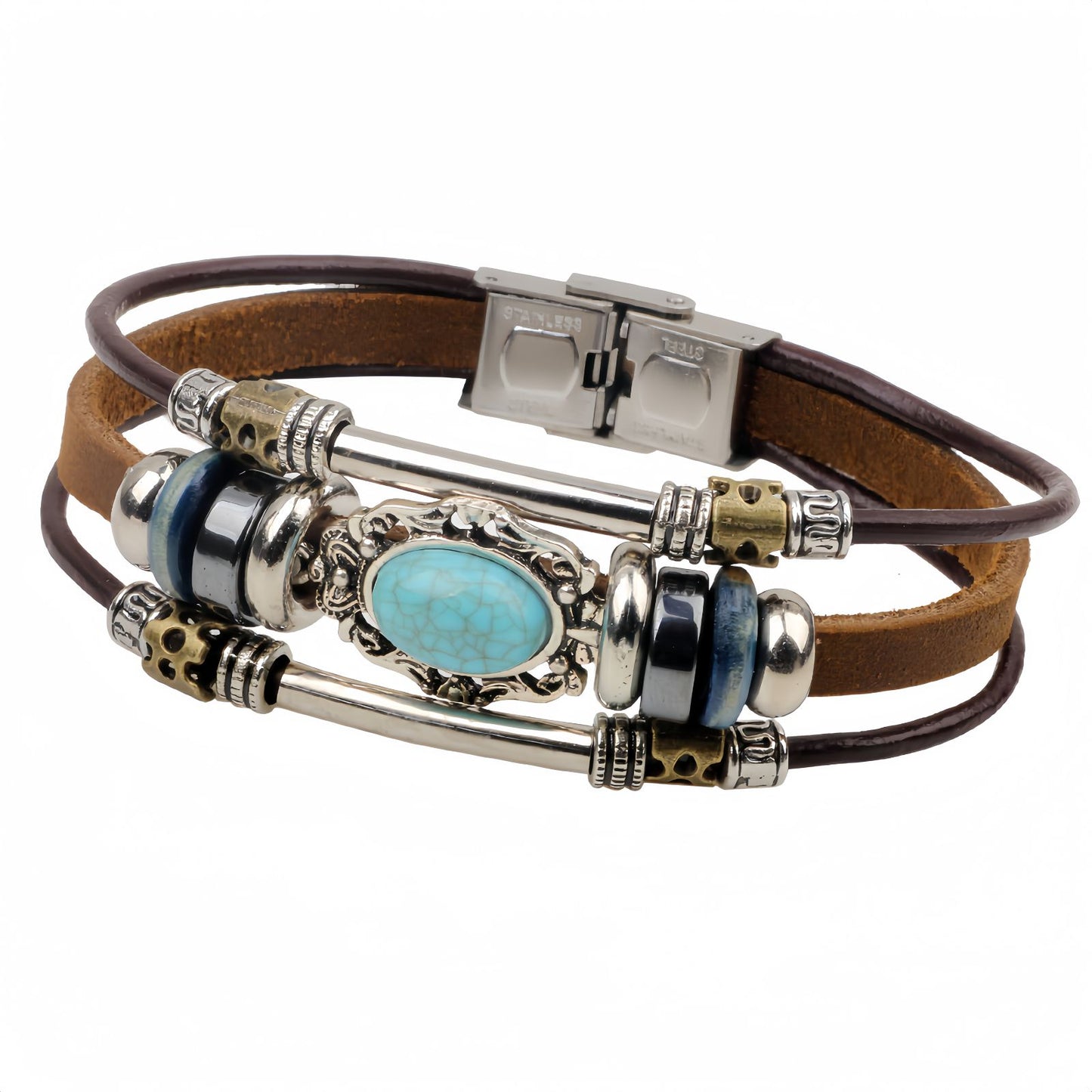 Turquoise Stone Accent Men's Leather Bracelet