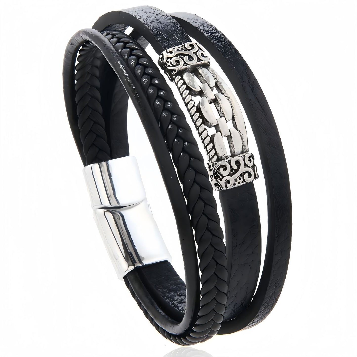 Vintage Engraved Steel Accent Multi-Layer Leather Bracelet