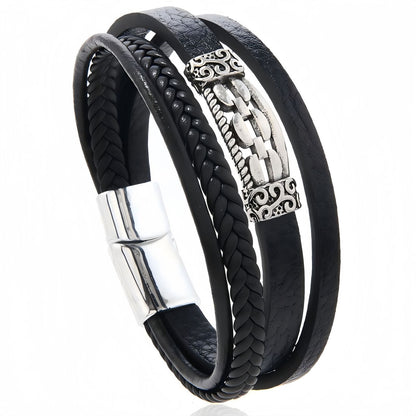 Vintage Engraved Steel Accent Multi-Layer Leather Bracelet