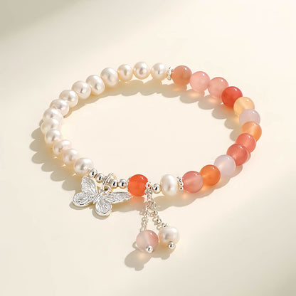 Aquamarine Crystal Beaded Bracelet with Freshwater Pearls & Butterfly Tassel Pendant