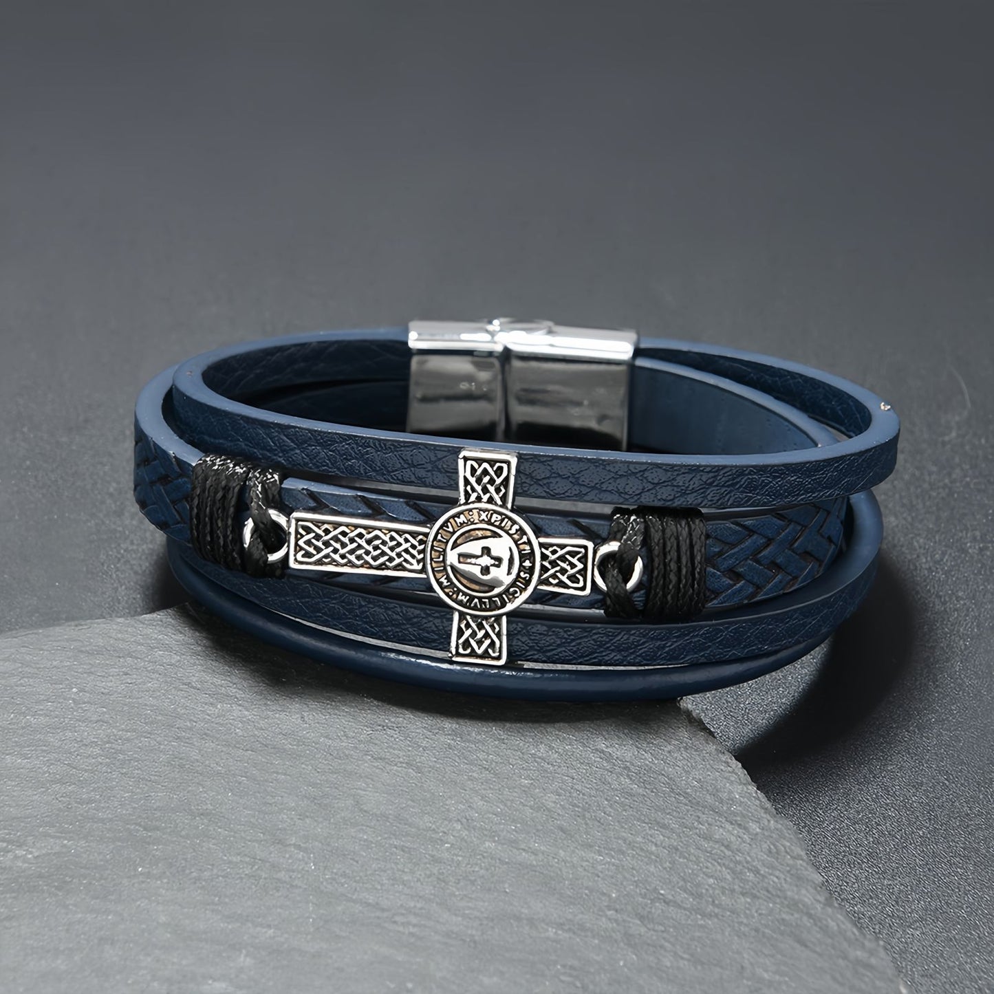 Men's Medallion Cross Braided Leather Bracelet