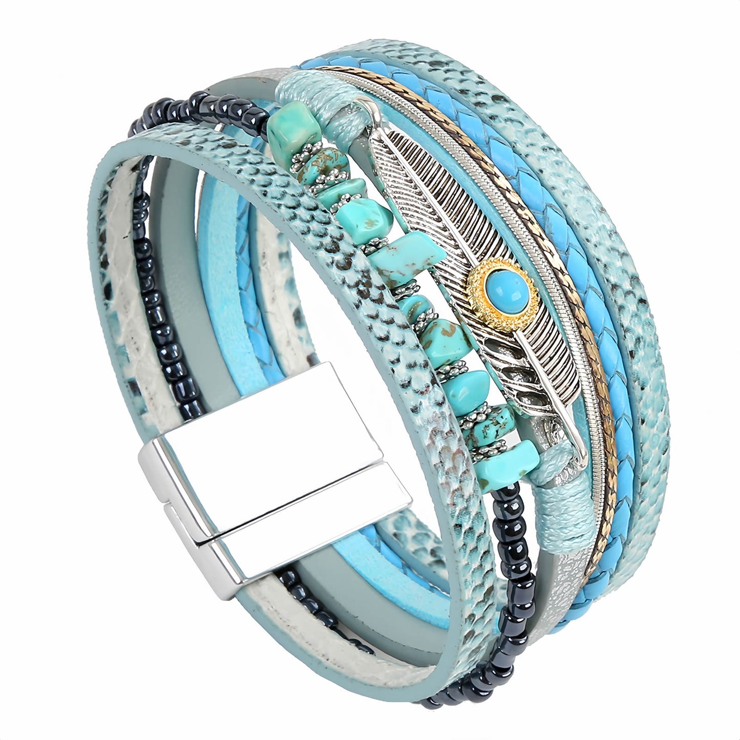 Boho Leather and Turquoise Feather Bracelet