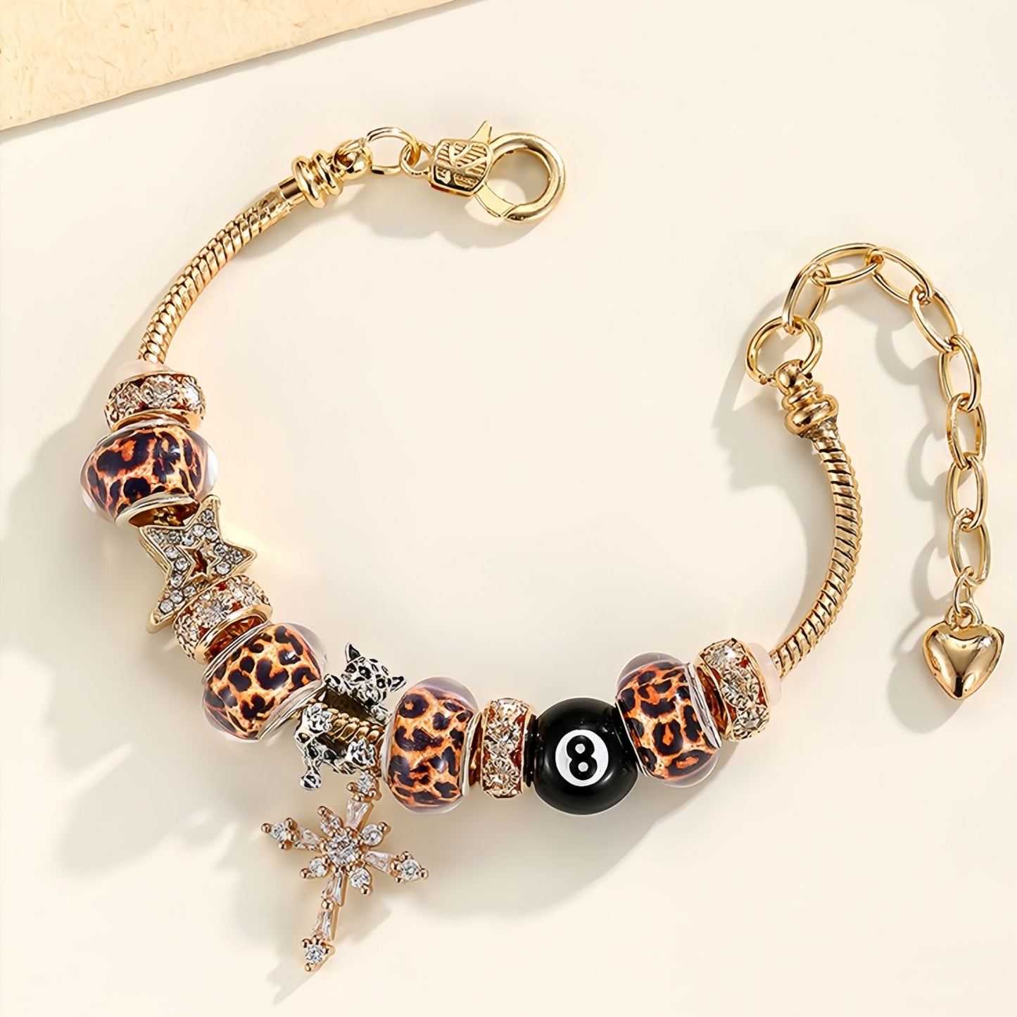 Leopard Bead Cross Charm Bracelet